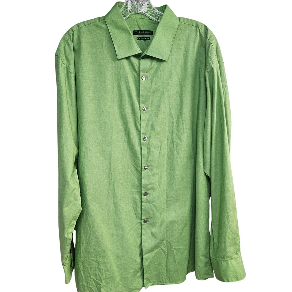 Van Heusen Studio Mens 18 34/35 Slim Fit Stretch Button Down Shirt Grn Long Slv